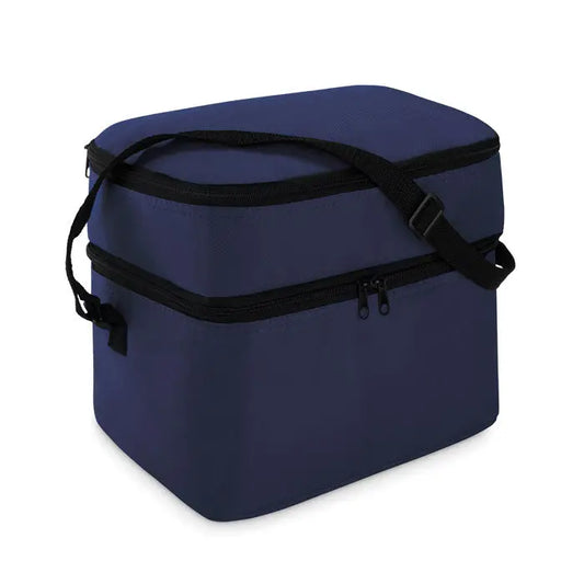 Geanta frigorifica navy blue cu 2 compartimente izolata cu fermoar negru si bretea reglabila