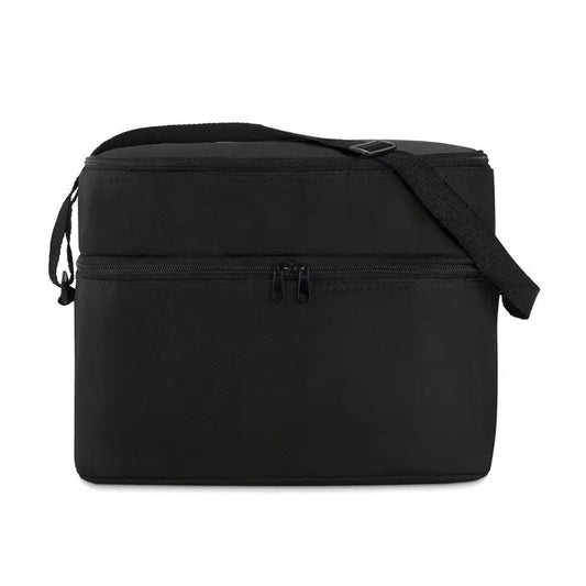 Geanta frigorifica cu 2 compartimente neagra din material textil rezistent cu inchidere sigură cu fermoare duble