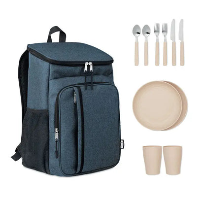 Geanta frigorifica de exterior 600D RPET albastra din denim cu fermoare negre si buzunar lateral plasa