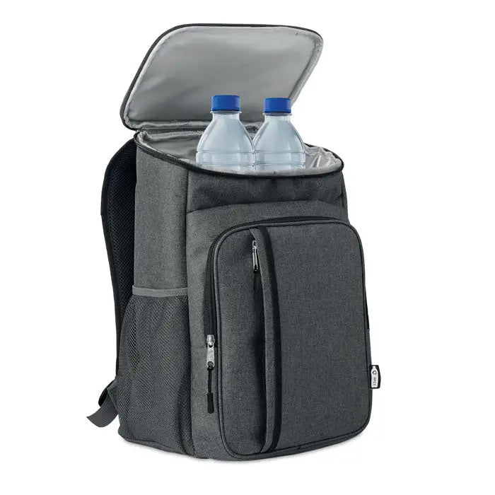 Geanta frigorifica de exterior 600d rpet gri texturata cu compartiment principal cu fermoar si buzunare laterale pentru bauturi