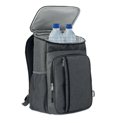 Geanta frigorifica de exterior 600d rpet gri texturata cu compartiment principal cu fermoar si buzunare laterale pentru bauturi