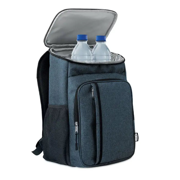 Geanta frigorifica de exterior 600D RPET bleumarin cu textura denim, buzunar lateral plasa neagra si captuseala izolanta gri
