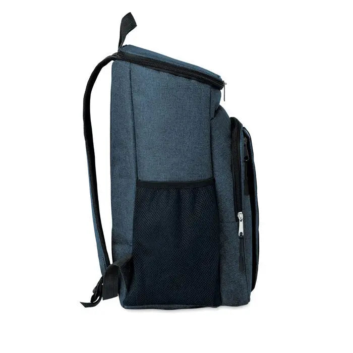 Geanta frigorifica de exterior 600d rpet albastru inchis cu buzunar lateral din plasa neagra si fermoare accentuate