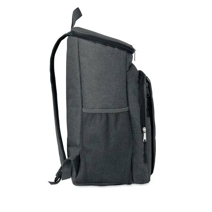 Geanta frigorifica de exterior din tesatura 600d rpet gri inchis cu buzunar mesh lateral si fermoare negre