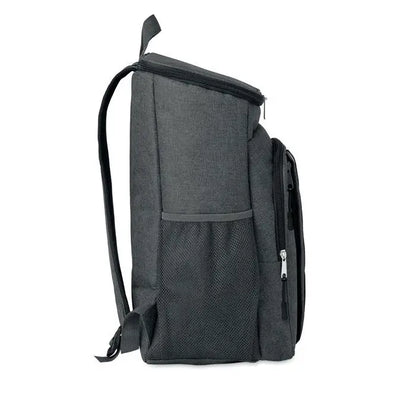 Geanta frigorifica de exterior din tesatura 600d rpet gri inchis cu buzunar mesh lateral si fermoare negre