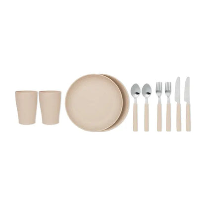 Set de veselă bamboo bej cu cănute, farfurii și tacâmuri cu mânere elegante pentru geanta frigorifica de exterior 600d rpet