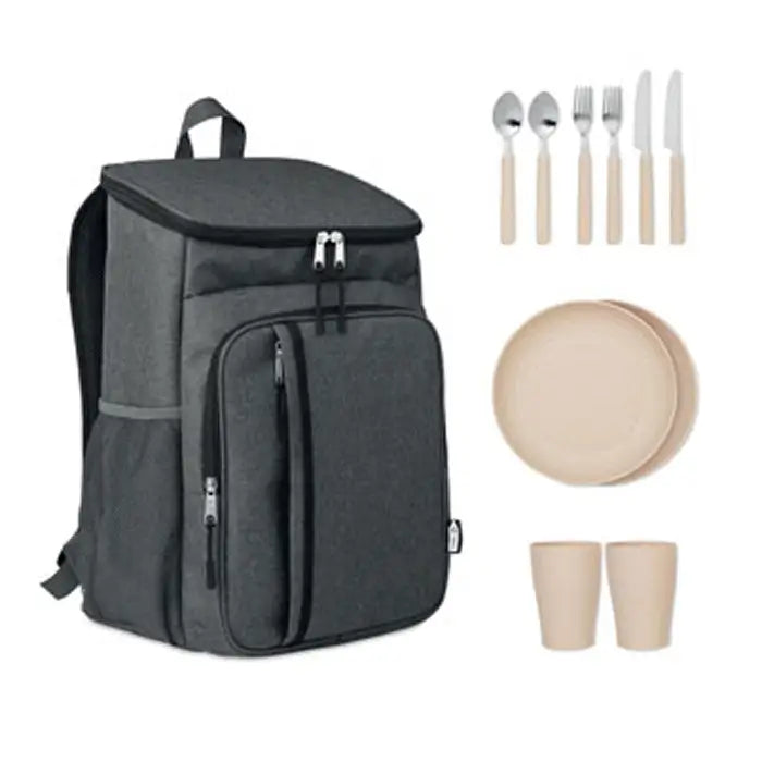 Geanta frigorifica de exterior 600d rpet gri inchis izolata cu set picnic compatibil farfurii, pahare si tacamuri