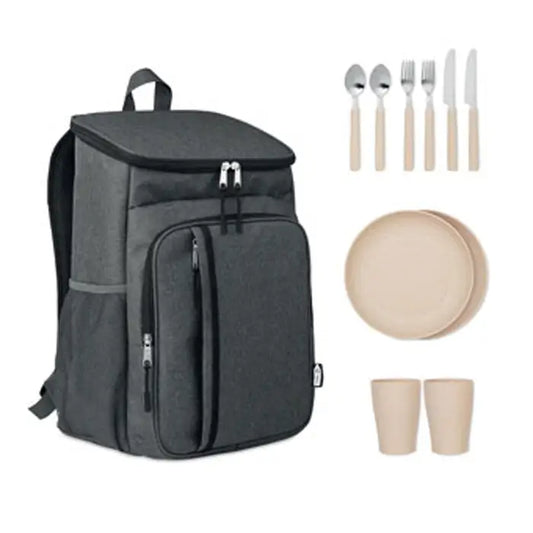 Geanta frigorifica de exterior 600d rpet gri inchis izolata cu set picnic compatibil farfurii, pahare si tacamuri