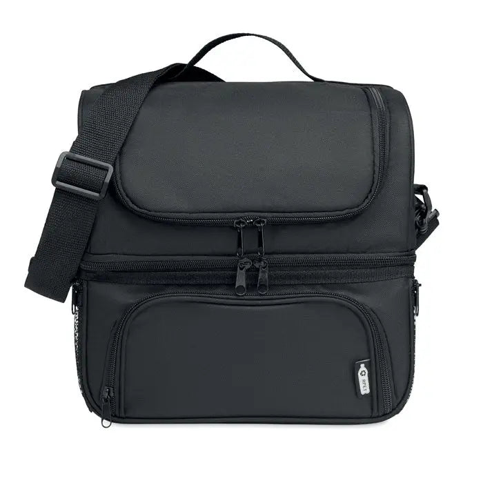Geanta frigorifica din 600d rpet neagra izolata cu multiple compartimente si curea detasabila pentru umar