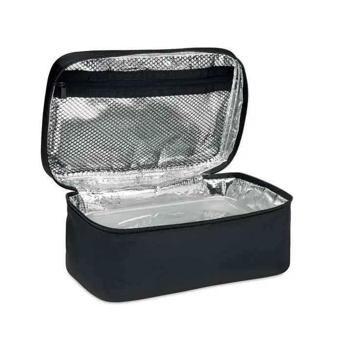 Geanta frigorifica din 600d rpet neagra cu interior argintiu reflectorizant si buzunar plasa pentru alimente
