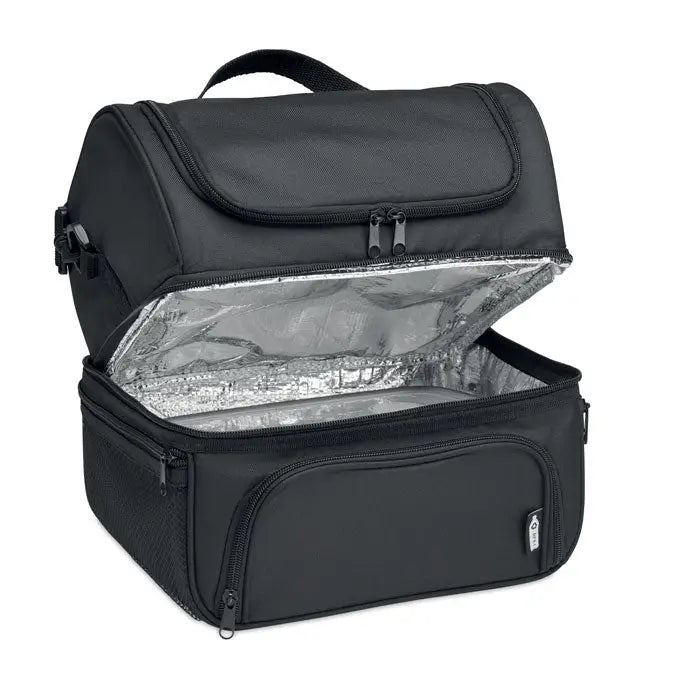 Geanta frigorifica neagra din 600d rpet cu interior argintiu stralucitor si multiple fermoare izolata termic
