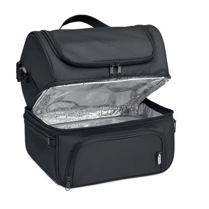 Geanta frigorifica neagra din 600d rpet cu interior argintiu stralucitor si multiple fermoare izolata termic