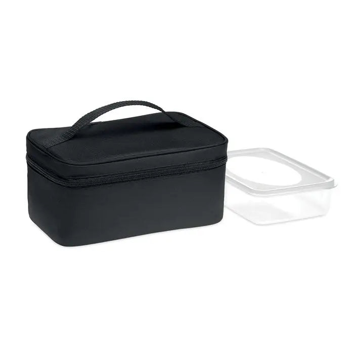 Geanta frigorifica neagra izolata din 600d rpet cu recipient din plastic transparent langa ea