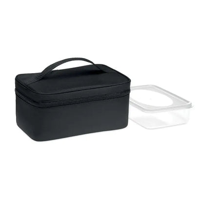 Geanta frigorifica neagra izolata din 600d rpet cu recipient din plastic transparent langa ea