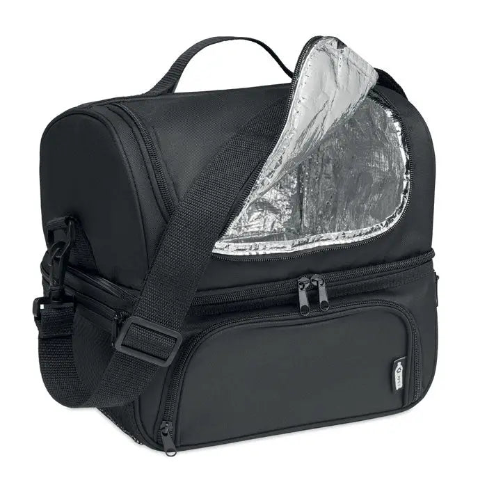 Geanta frigorifica neagra din 600D RPET cu captuseala argintie reflectorizanta si bretea reglabila