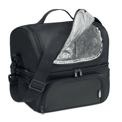 Geanta frigorifica neagra din 600D RPET cu captuseala argintie reflectorizanta si bretea reglabila