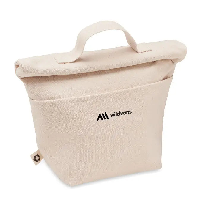 Geanta frigorifica din bumbac reciclat bej cu logo wildcraft negru si eticheta material reciclat
