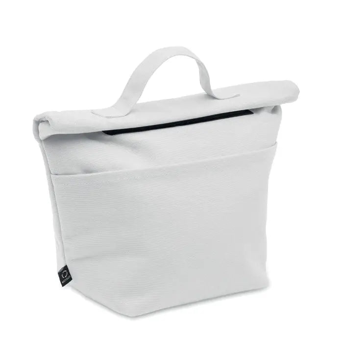 Geanta frigorifica din bumbac reciclat alb cu fermoar negru si maner textil tip rucsac