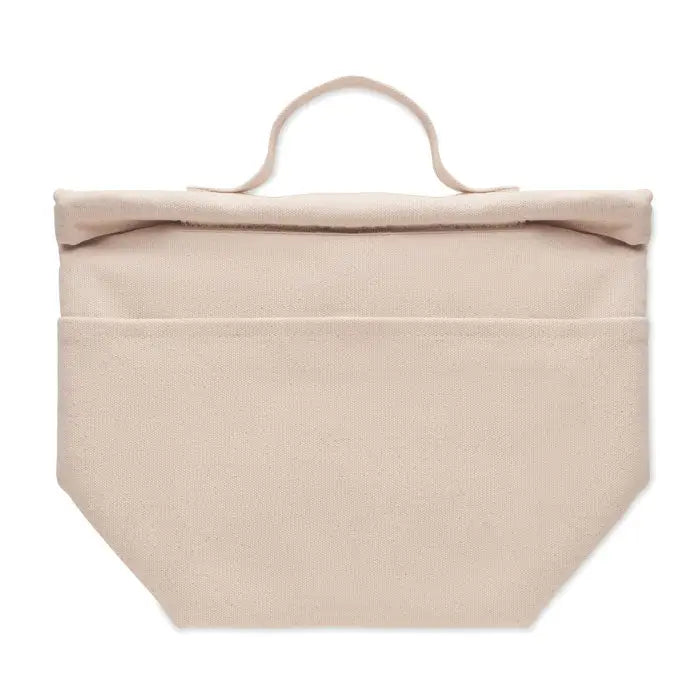 Beige geanta frigorifica din bumbac reciclat cu inchidere roll-top si maner din material textil asortat