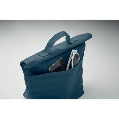 Geanta frigorifica din bumbac reciclat teal cu design tip roll top si manere rezistente