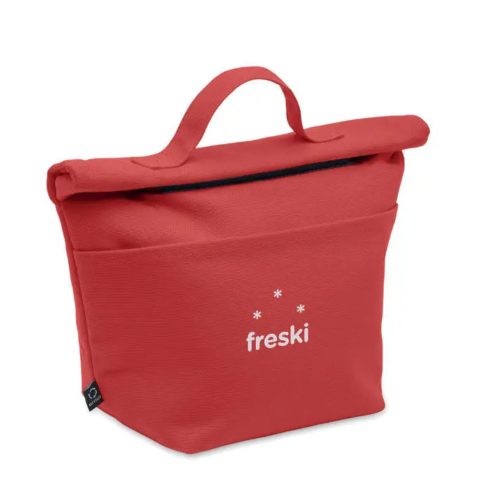 Geanta frigorifica din bumbac reciclat rosie cu inchidere roll-top si finisaj texturat cu logo alb