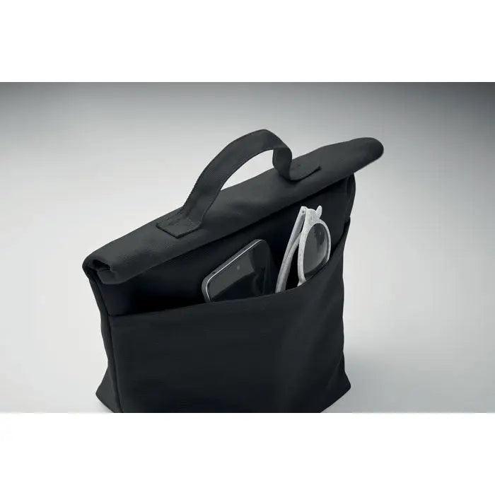 Geanta frigorifica din bumbac reciclat neagra cu capac rulat si maner robust pentru telefon si ochelari