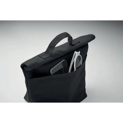 Geanta frigorifica din bumbac reciclat neagra cu capac rulat si maner robust pentru telefon si ochelari