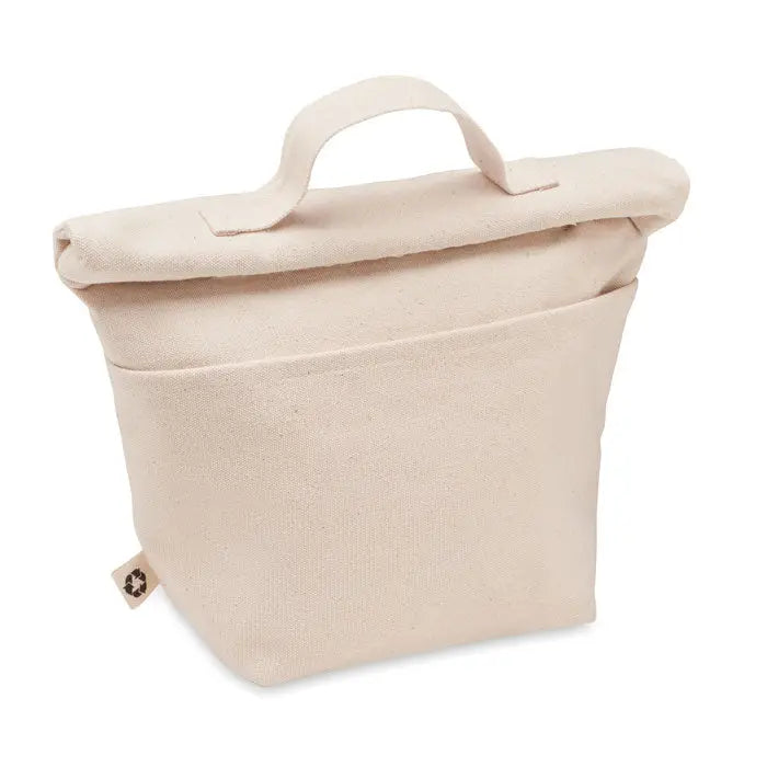 Geanta frigorifica din bumbac reciclat bej cu design roll-top si maner rezistent, eticheta reciclata subtila