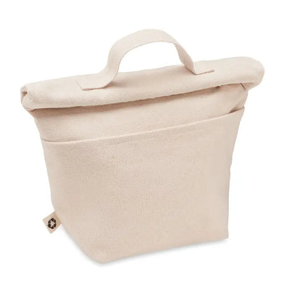 Geanta frigorifica din bumbac reciclat bej cu design roll-top si maner rezistent, eticheta reciclata subtila
