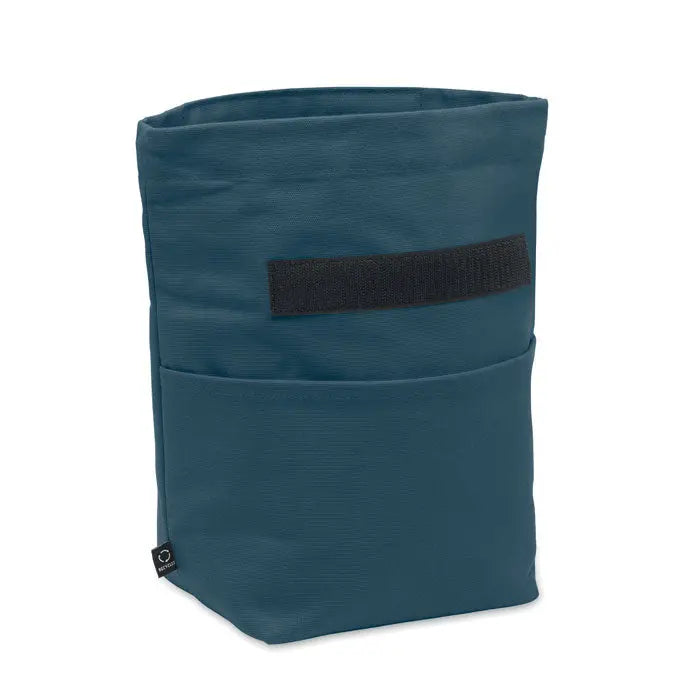 Geanta frigorifica din bumbac reciclat teal cu buzunar frontal mic si curea velcro neagra pentru fixare