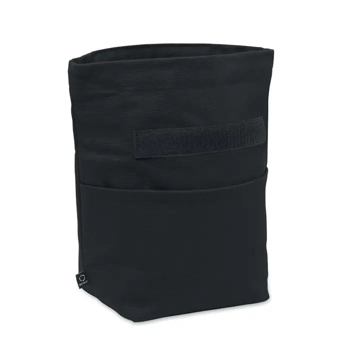Geanta frigorifica din bumbac reciclat neagra cu buzunar inferior si bareta velcro orizontala