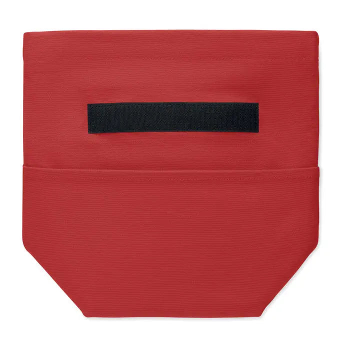 Geanta frigorifica din bumbac reciclat rosie cu catarama neagra cu velcro pentru inchidere sigura