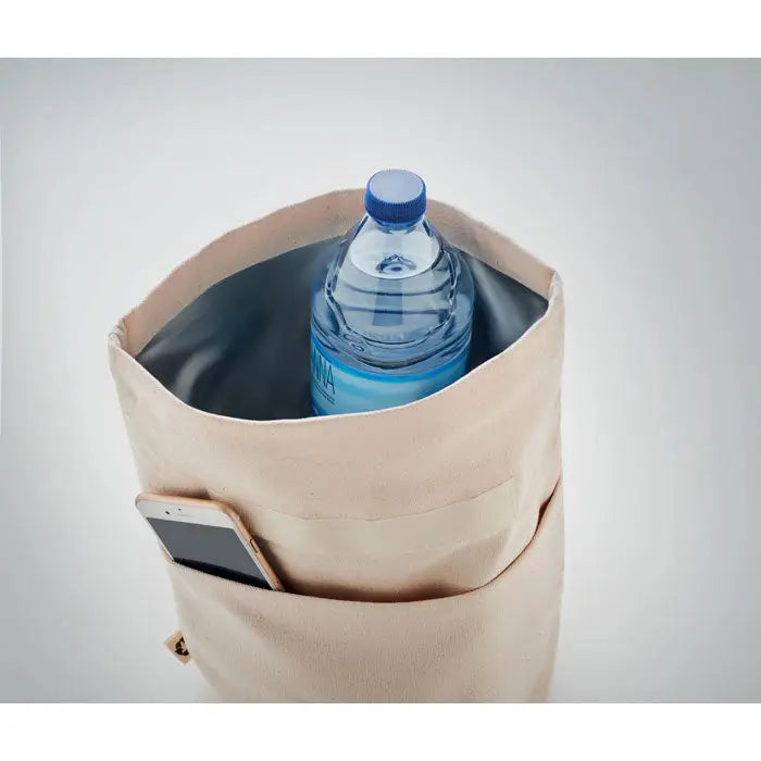 Geanta frigorifica din bumbac reciclat bej cu interior gri si buzunar lateral pentru telefon