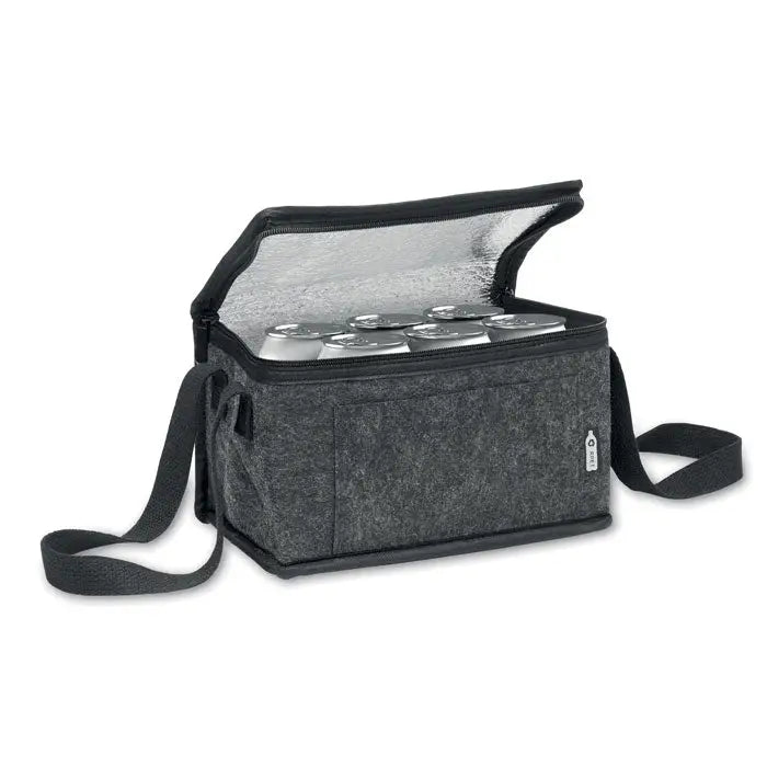 Geanta frigorifica din fetru rpet neagra cu interior argintiu reflectorizant si bretea neagra de umar