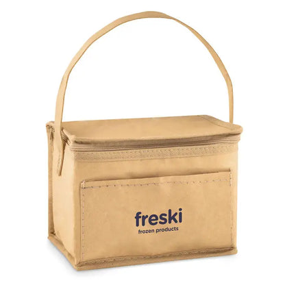 Geanta frigorifica din hartie tesata bej cu maner superior si buzunar frontal cu logo freski pentru 6 conserve