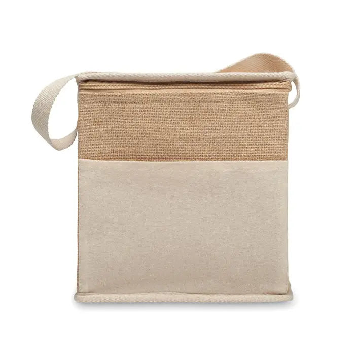 Geanta frigorifica din iuta si panza 3l bej si maro cu design minimalist si curea crossbody tesuta