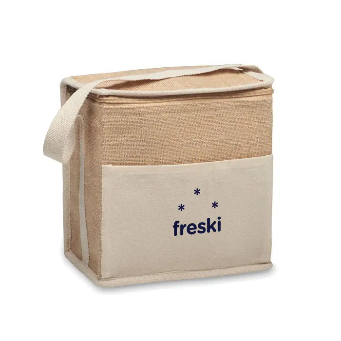 Geanta frigorifica din iuta si panza 3l bej cu buzunar frontal si logo freski albastru inchis
