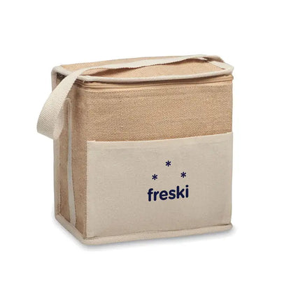 Geanta frigorifica din iuta si panza 3l bej cu buzunar frontal si logo freski albastru inchis