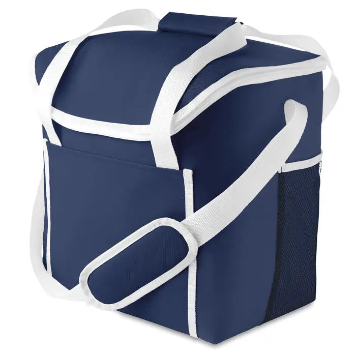 Geanta frigorifica din poliester 600D bleumarin cu barete albe din material textil si buzunar lateral plasat