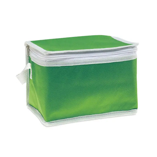Geanta frigorifica verde aprins cu izolatie, fermoar alb si margini, pentru 6 conserve