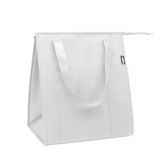 Geanta frigorifica netesuta din rpet alba cu manere rezistente si design minimalist izolata termic