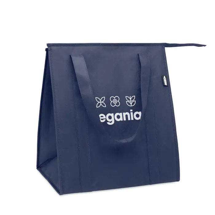 Geanta frigorifica netesuta din rpet bleumarin cu logo alb egania si iconite florale pentru transport termoizolant