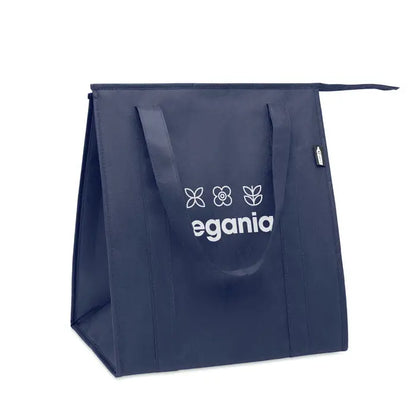 Geanta frigorifica netesuta din rpet bleumarin cu logo alb egania si iconite florale pentru transport termoizolant
