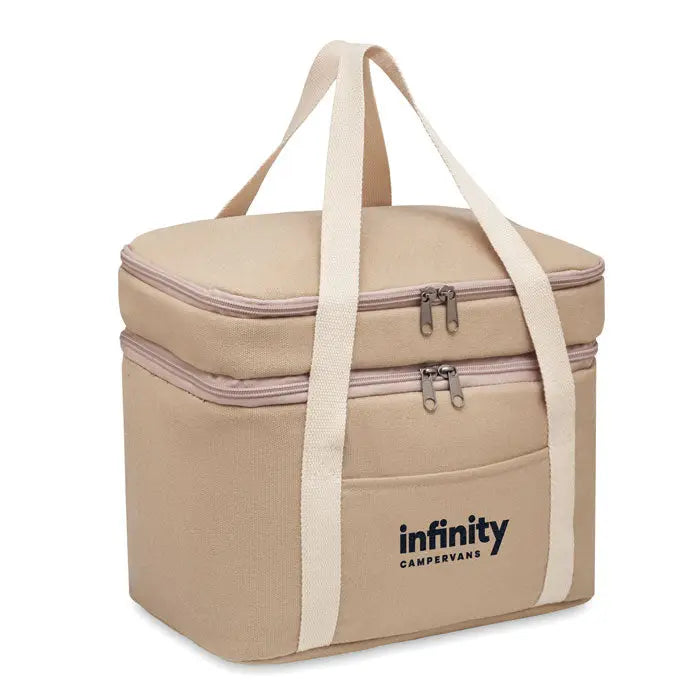Geanta frigorifica panza 320 gr/m² bej cu doua compartimente izolata, manere crem si fermoare argintii cu logo infinity campervans