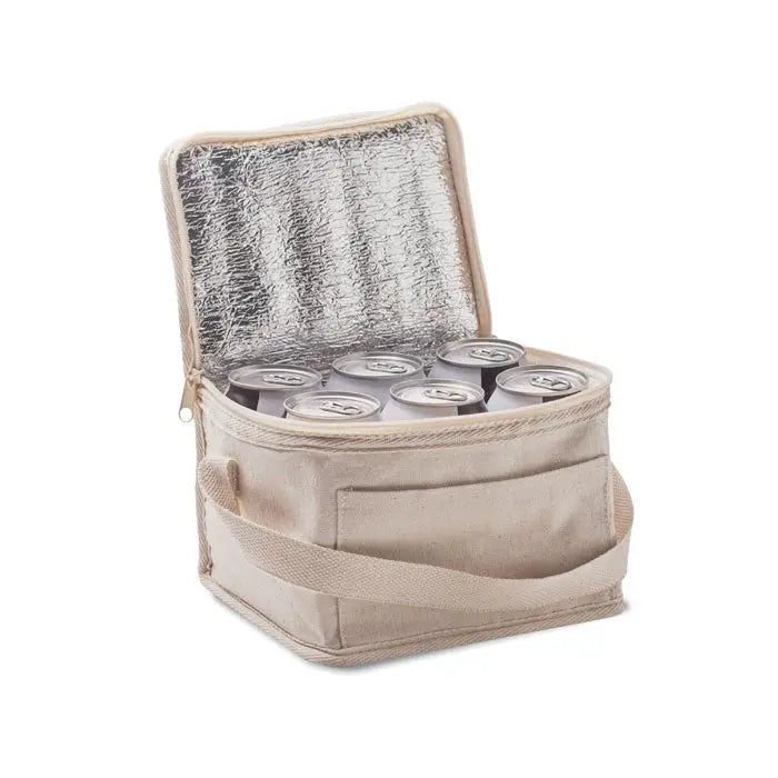 Geanta frigorifica pentru 6 cutii beige din panza cu interior argintiu reflectorizant si bretea rezistenta