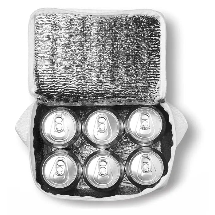 Geanta frigorifica pentru conserve din material alb cu interior reflectorizant argintiu pentru sase doze de aluminiu