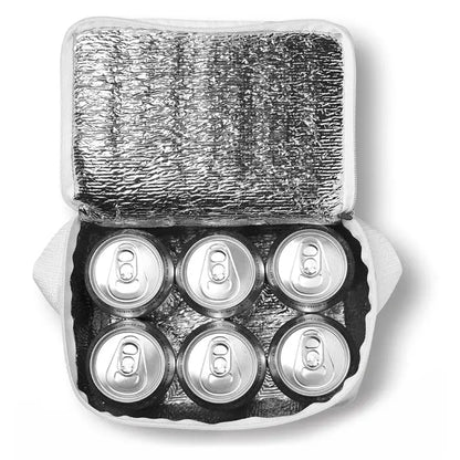 Geanta frigorifica pentru conserve din material alb cu interior reflectorizant argintiu pentru sase doze de aluminiu