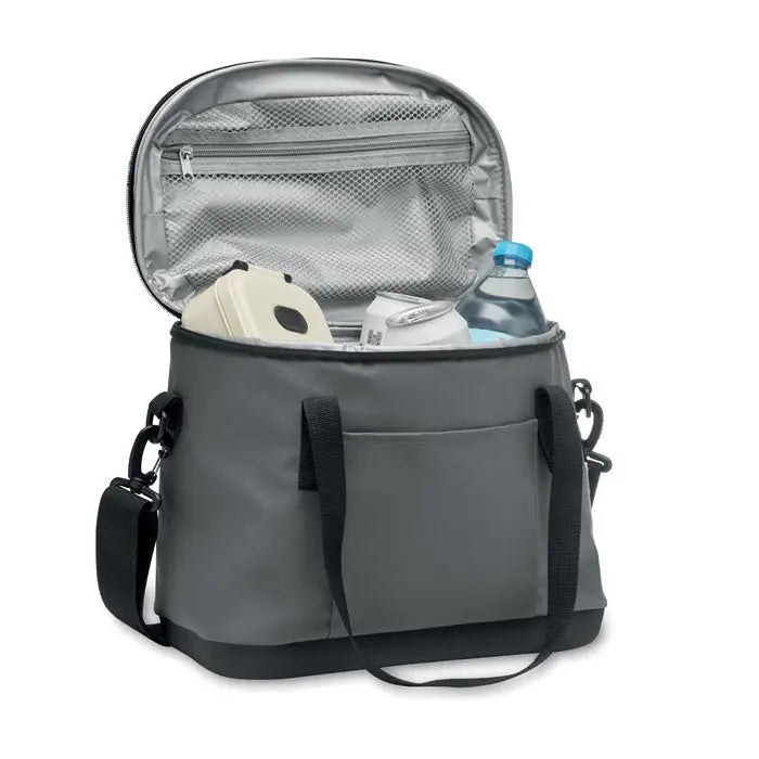 Geanta frigorifica prelata 40l gri cu bretele negre si interior captusit cu plasa si compartiment cu fermoar