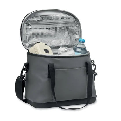 Geanta frigorifica prelata 40l gri cu bretele negre si interior captusit cu plasa si compartiment cu fermoar