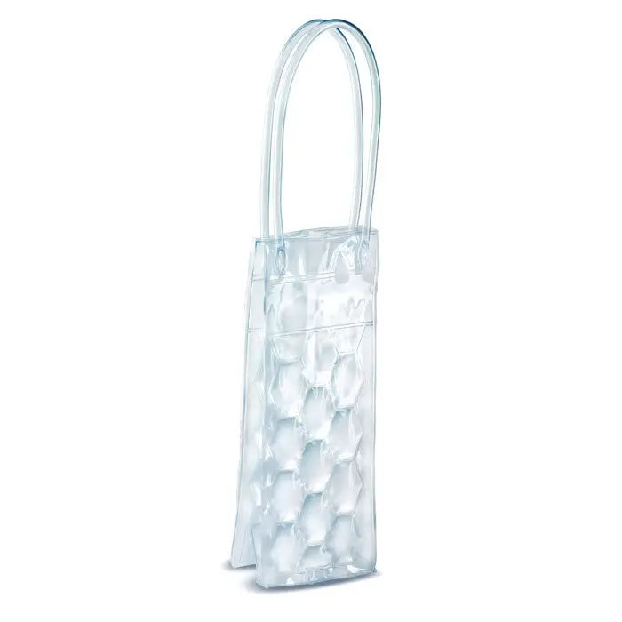 Geanta frigorifica pvc transparenta cu model tip fagure si doua manere integrate pentru sticle de vin